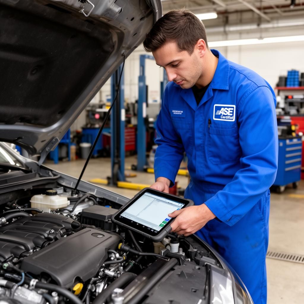 ASE certified mechanic using diagnostic tablet