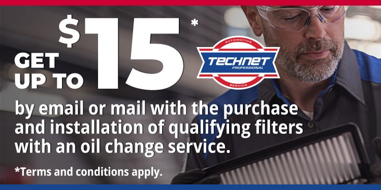 Get up to $15 back by email or mail with the purchase and installation of qualifying filters with an oil change service.